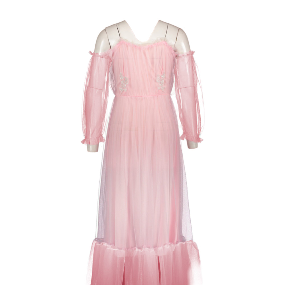 Rose Quartz Dress Off Shoulder Mesh Long Sleeve Floor-Length Plain Women's Dress