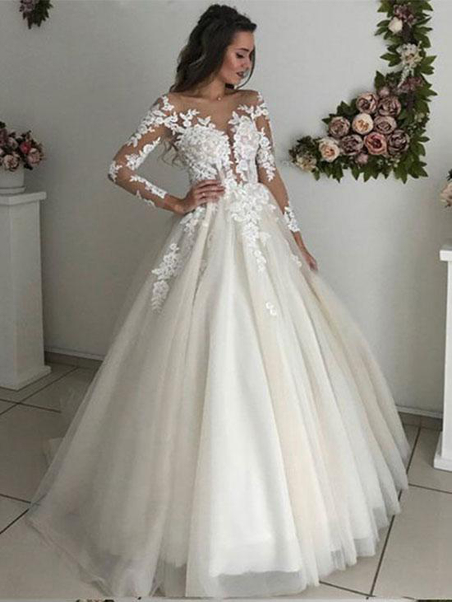 Long Sleeves Appliques Button Wedding Dress