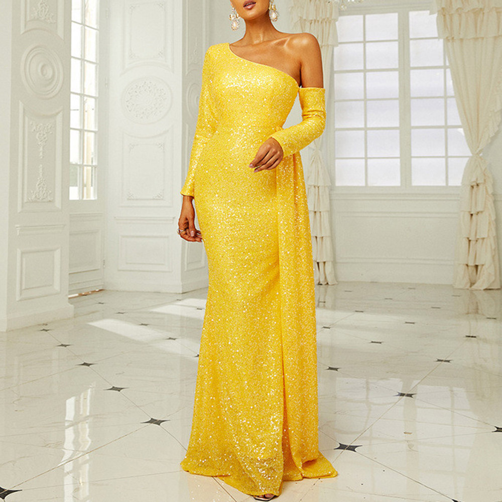 Floor-Length One Shoulder Long Sleeves Trumpet Formal Dress 2022