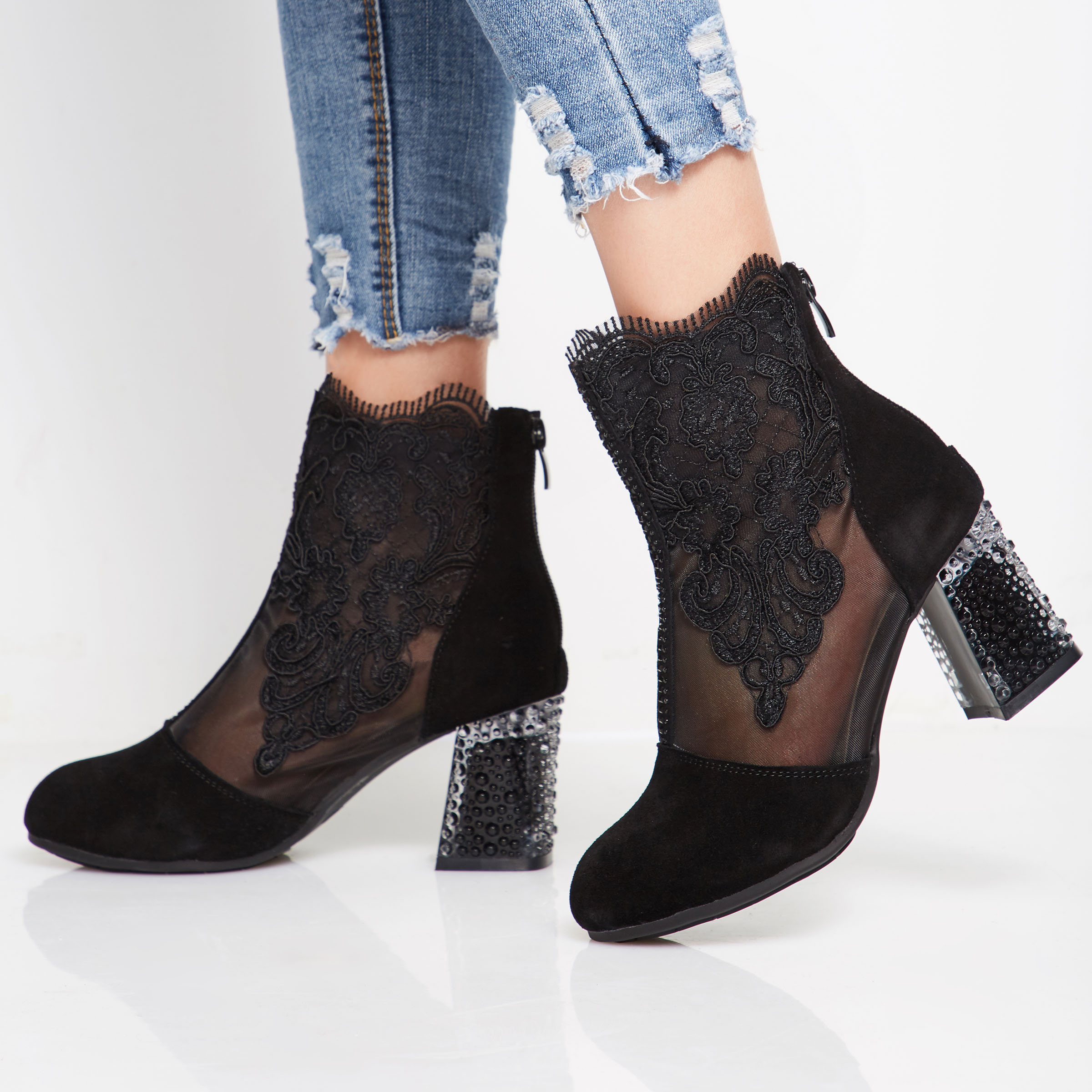 Floral Embroidery Lace Rhinestone Women's Black Ankle Boots