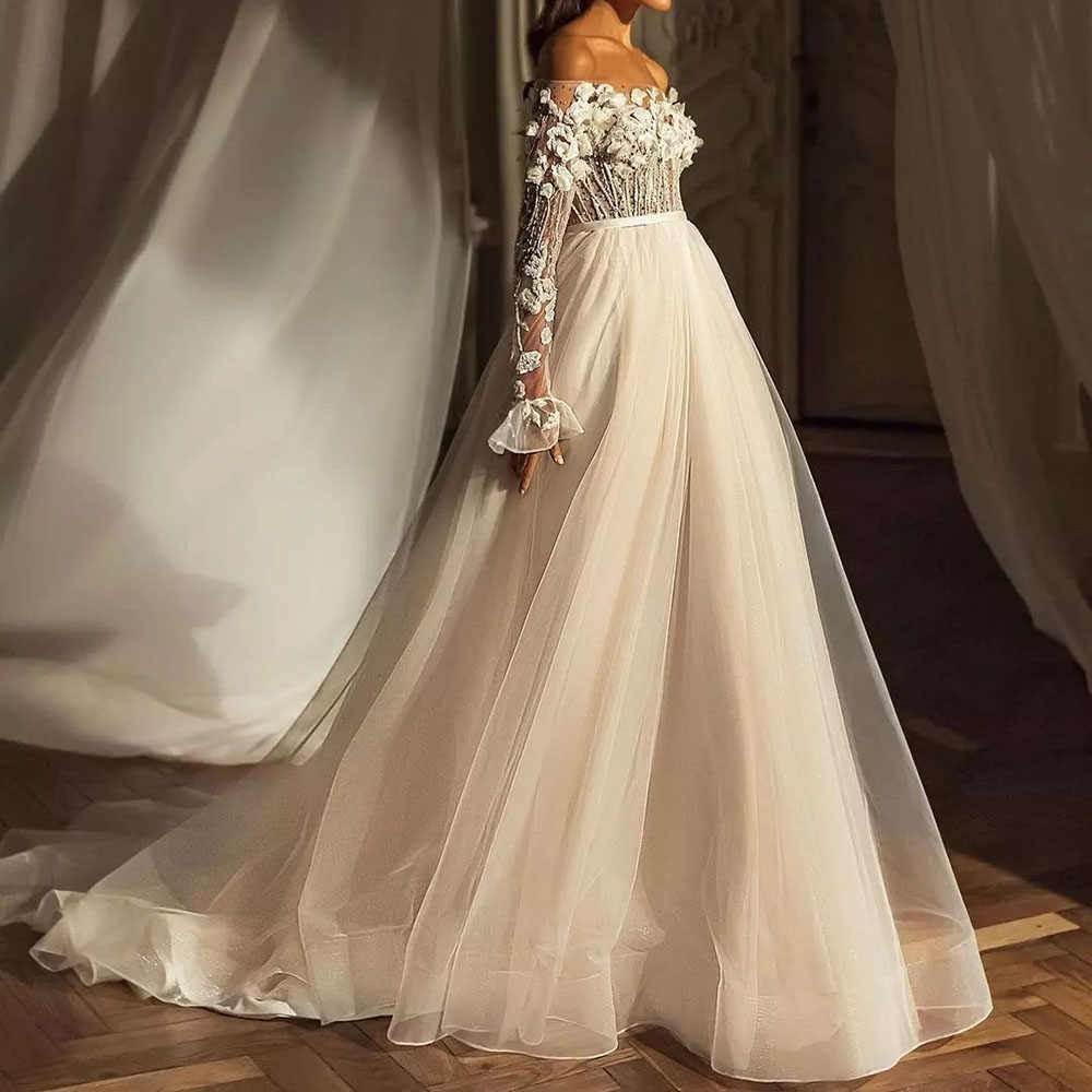 Lace Off-The-Shoulder Trumpet/Mermaid Floor-Length Hall Wedding Dress 2022
