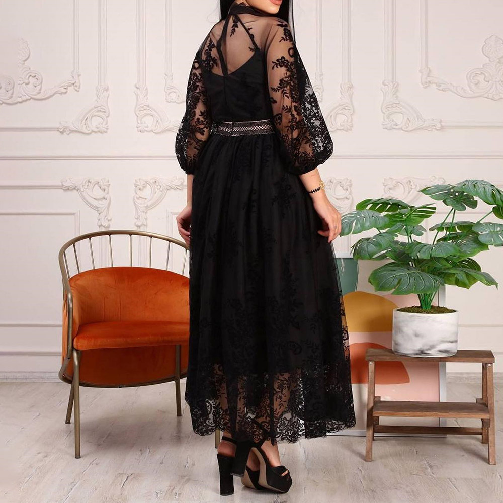 Empire High Neck Lace Sleeves Ankle-Length A-Line Prom Dress 2022