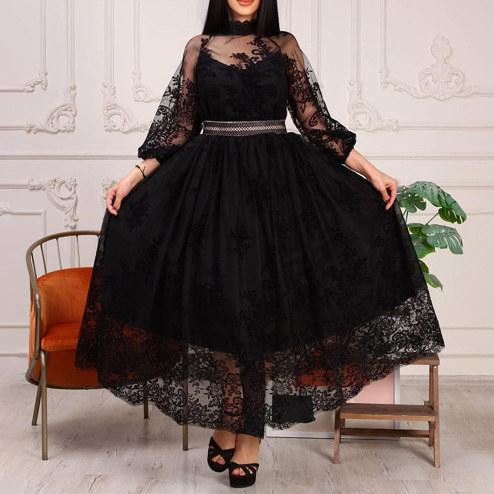 Empire High Neck Lace Sleeves Ankle-Length A-Line Prom Dress 2022