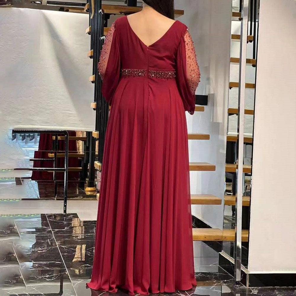 Draped Floor-Length V-Neck Long Sleeves Evening Party Dress 2022