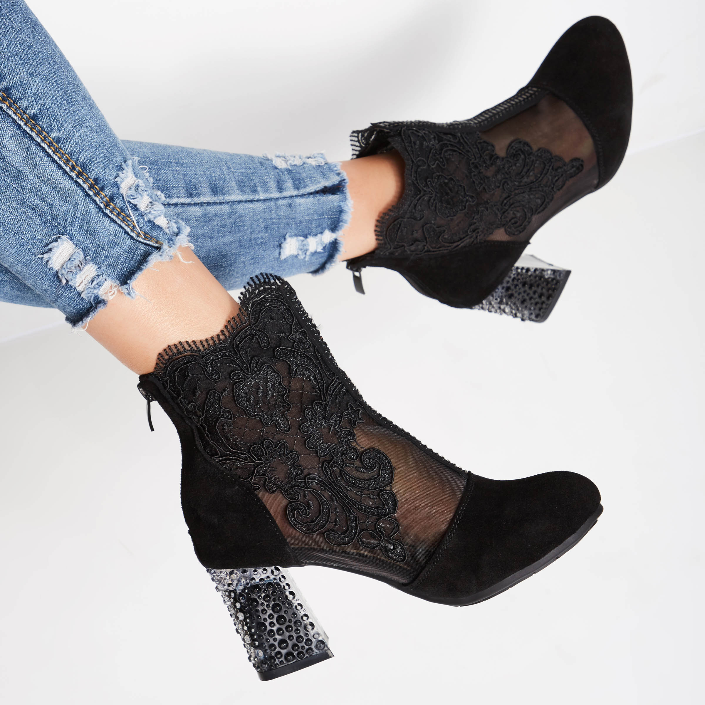 Floral Embroidery Lace Rhinestone Women's Black Ankle Boots
