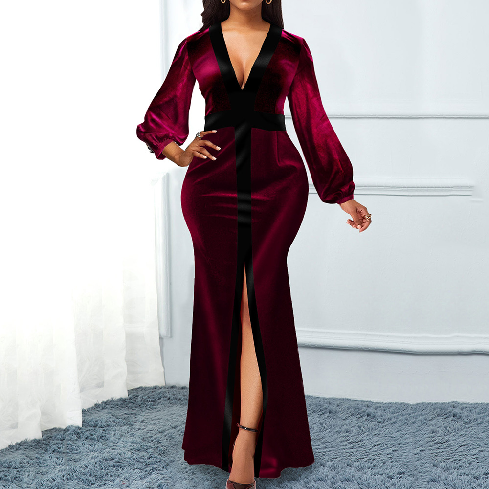 Plus Size V-Neck Split Long Sleeve Floor-Length Pullover Women's Dress