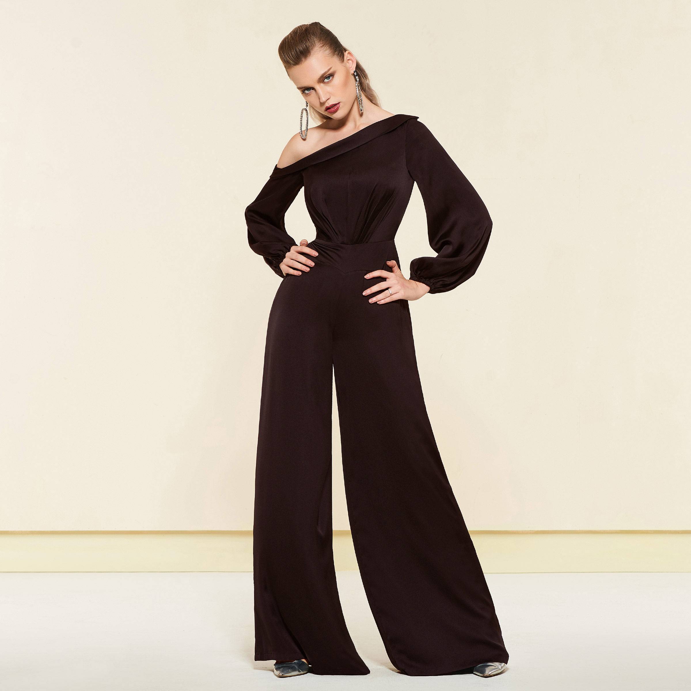 Long Sleeves Shoulder Slope Black Evening Jumpsuits-www.tbdress.com