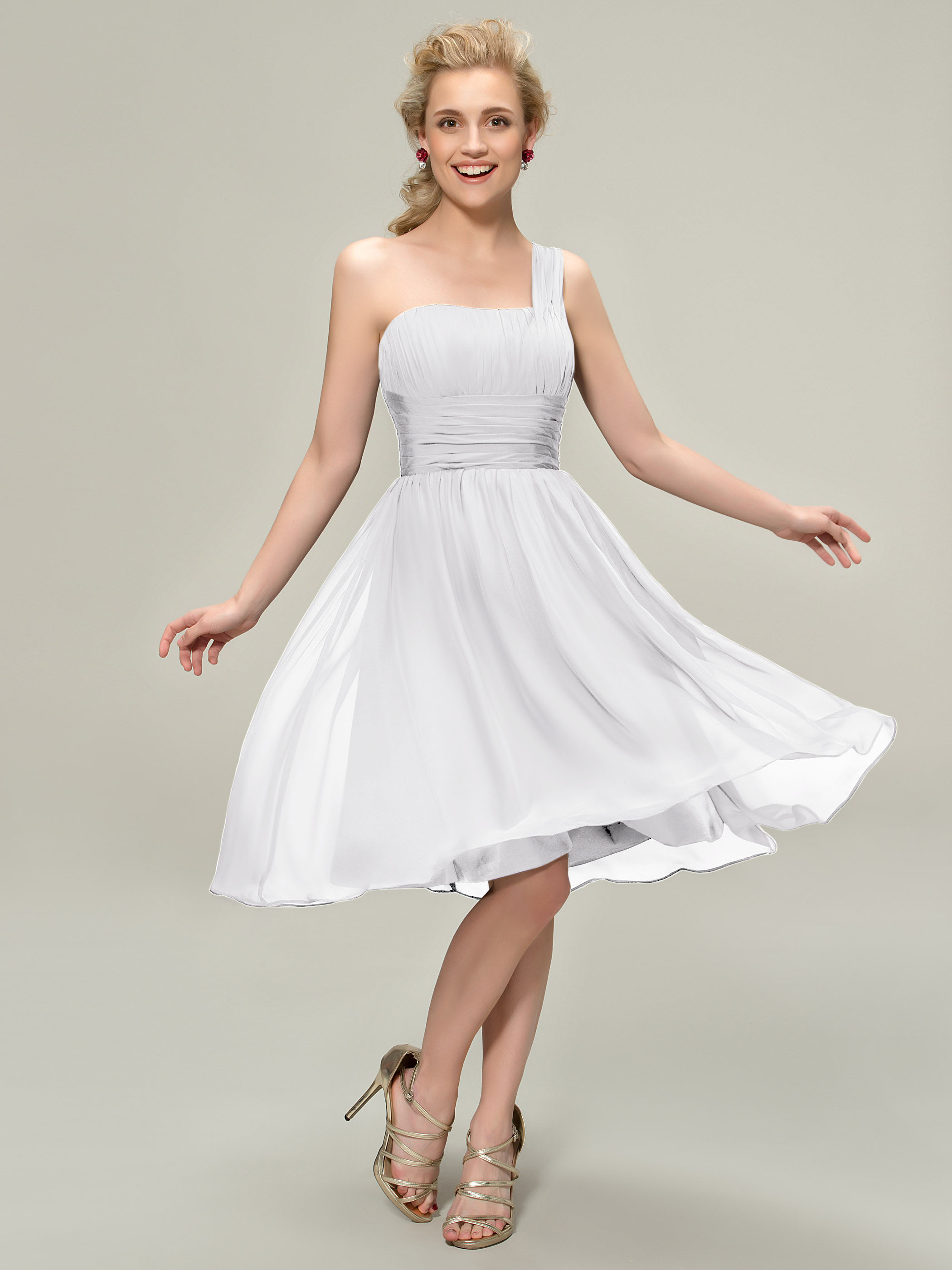 One Shoulder Pleats Knee-Length Bridesmaid Dress