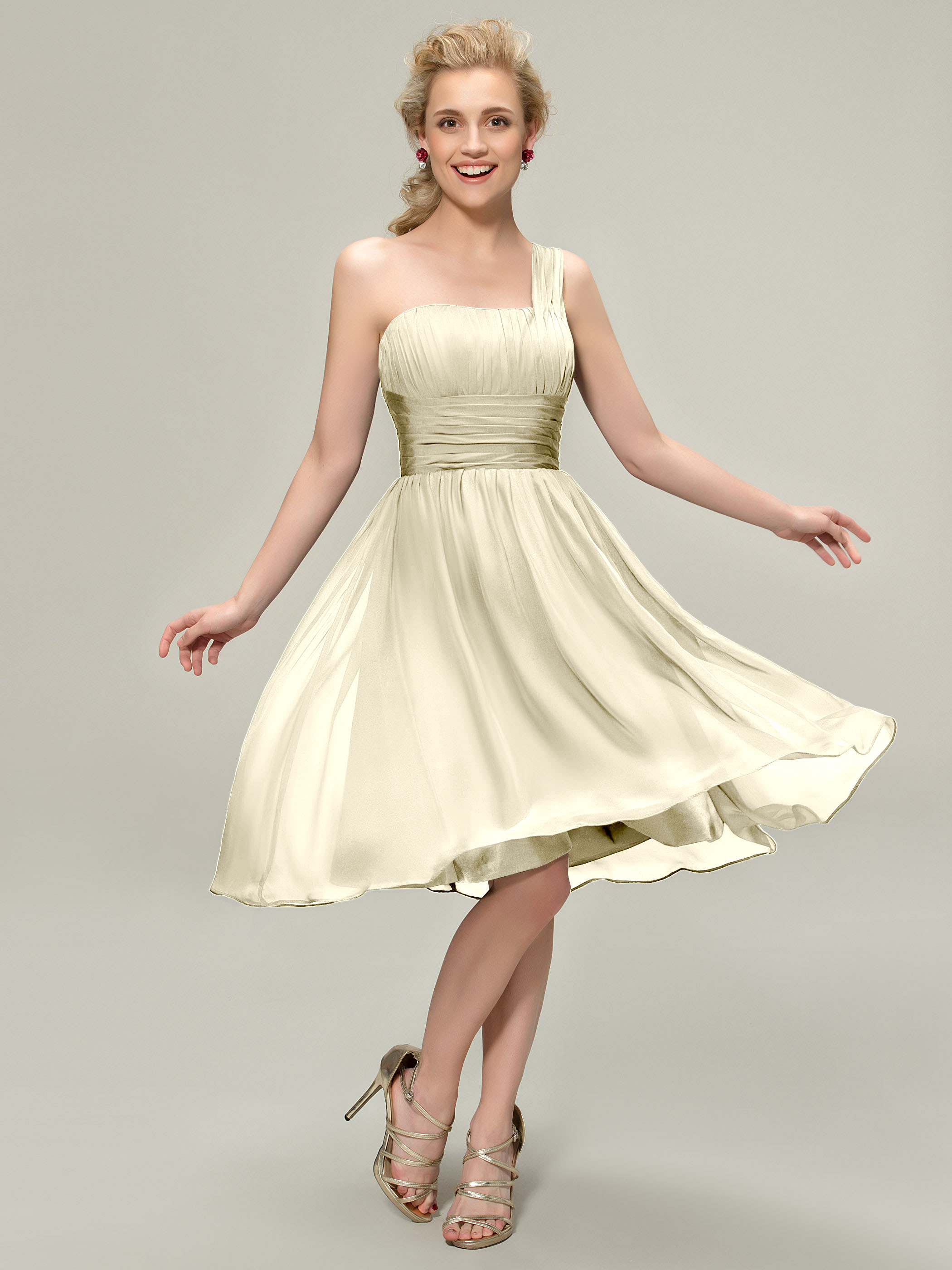 One Shoulder Pleats Knee-Length Bridesmaid Dress
