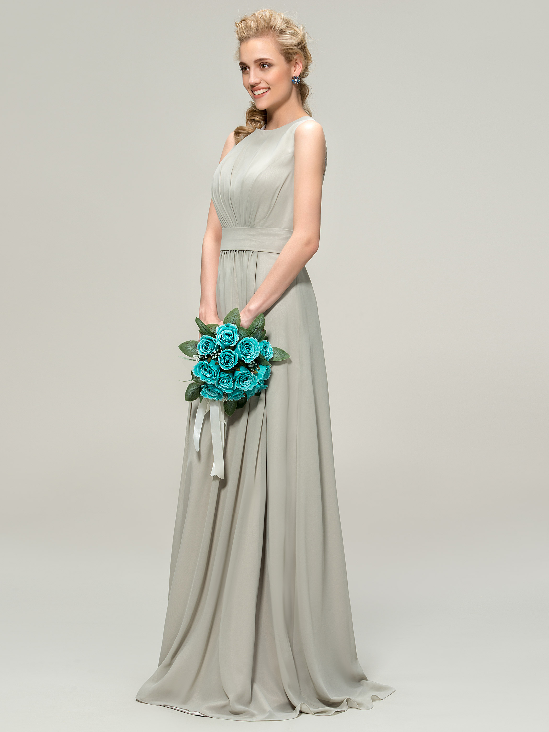 A-Line Jewel Neck Ruched Long Bridemaid Dress