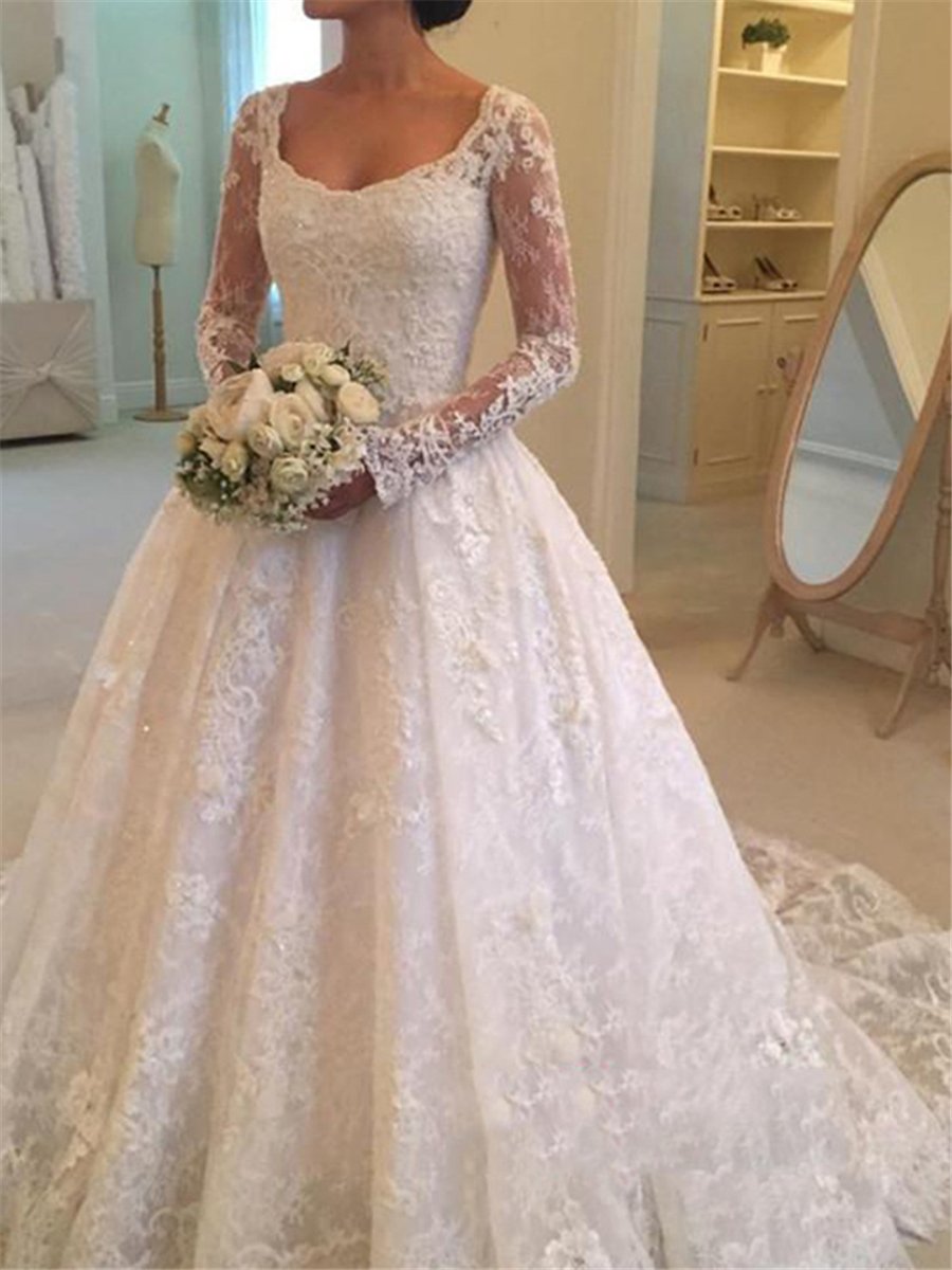 Button Appliques Lace Wedding Dress with Long Sleeves-www.tbdress.com
