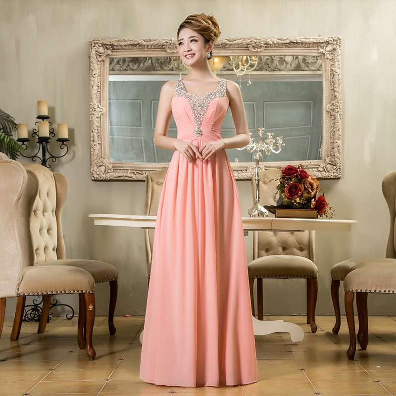 Rose Quartz Dress A-Line Beading Straps Long Bridesmaid Dress