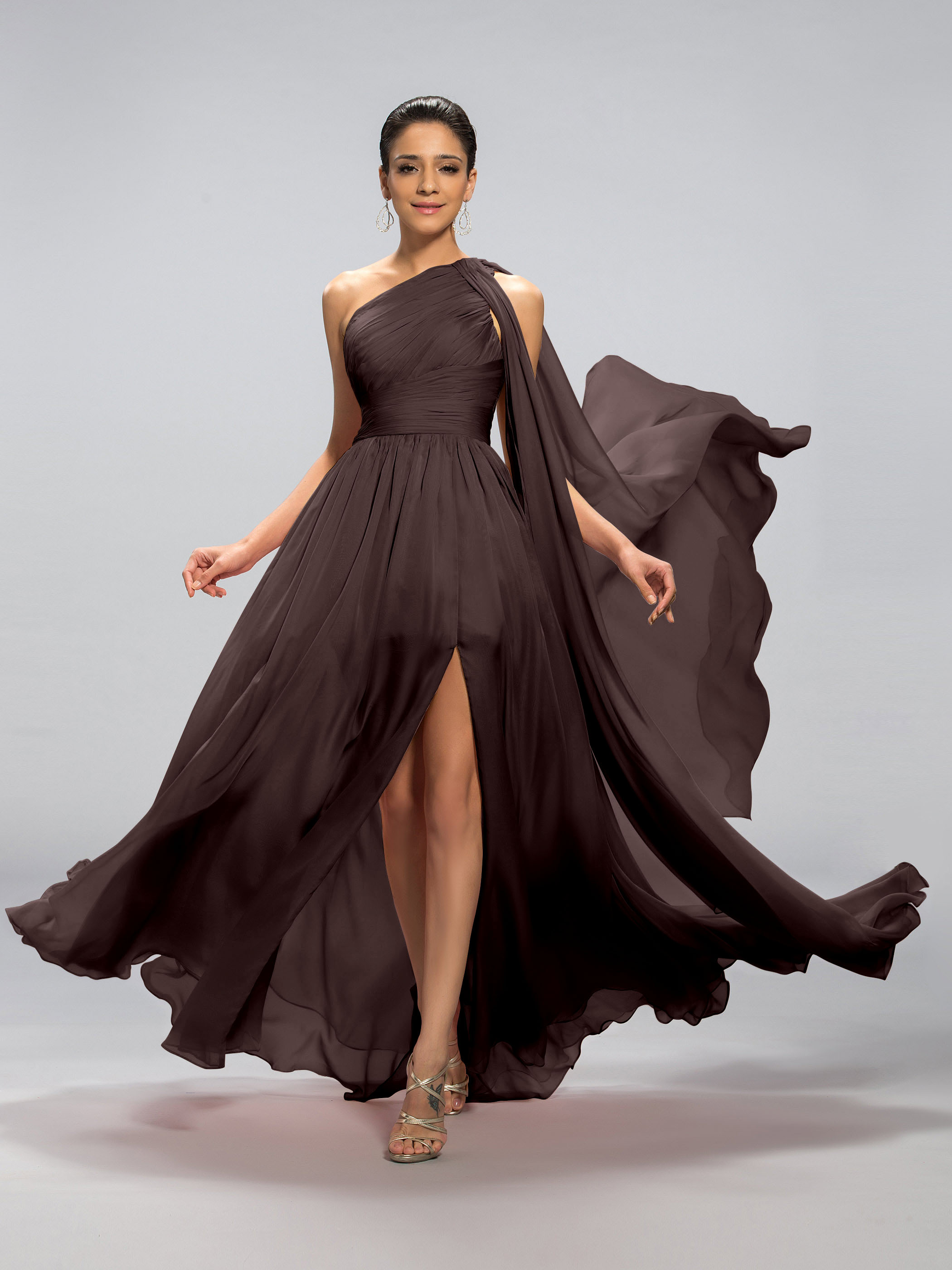 One-Shoulder Pleats Rose Quartz Dress Split-Front Evening Dress