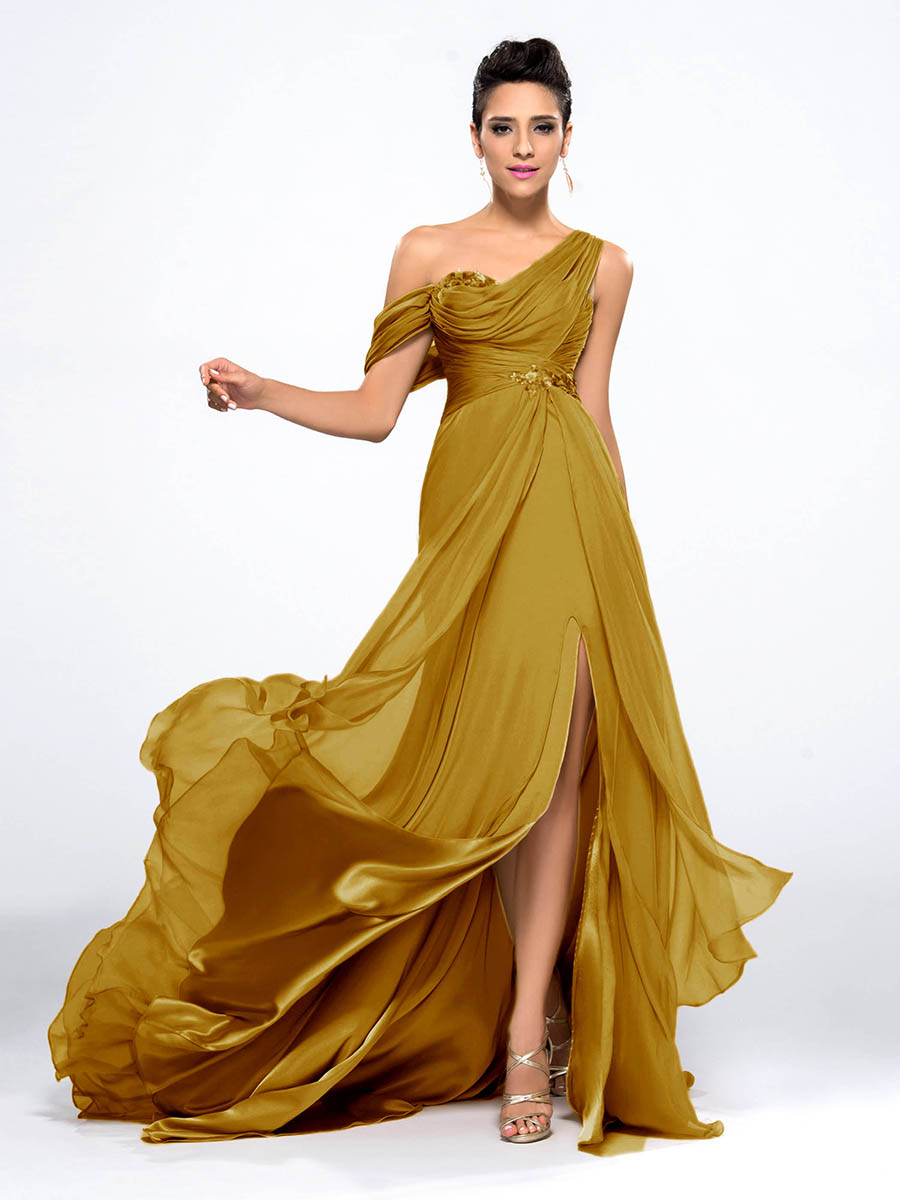 Split-Front Draped Sequins Evening Dress