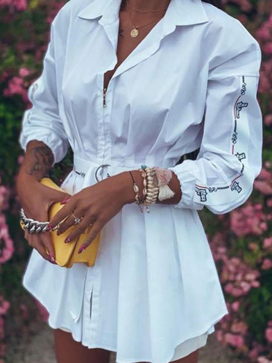 Button Print Slim Lapel Mid-Length Women's Blouse Shirt