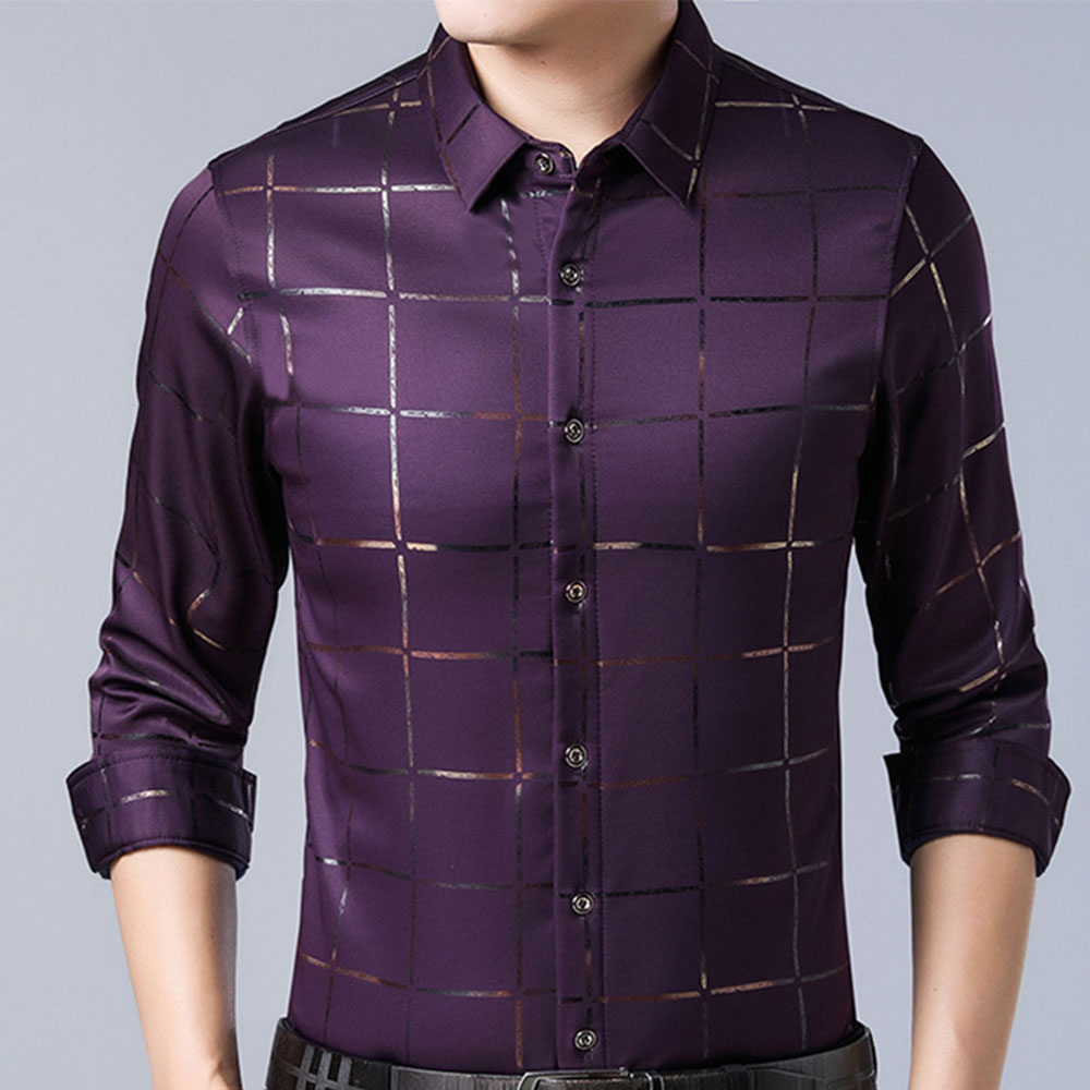 Plaid Lapel Buttons Slim Long Sleeve Men's Shirt