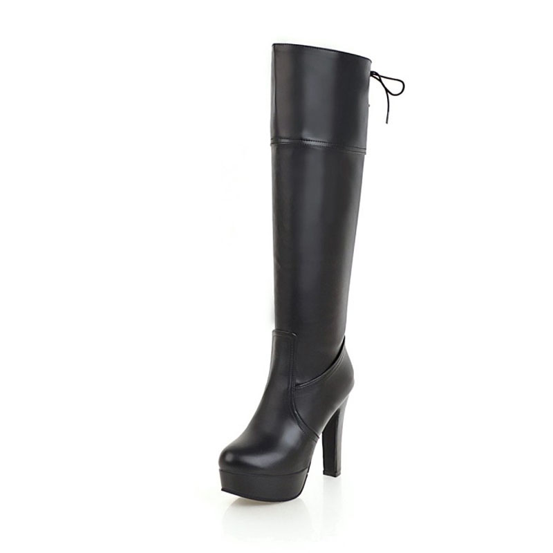 Lace-Up Back Chunky Heel Platform Round Toe Women's Knee High Boots