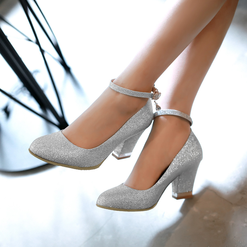 Ankle Strap Round Toe Plain Chunky Heel Women's Pumps
