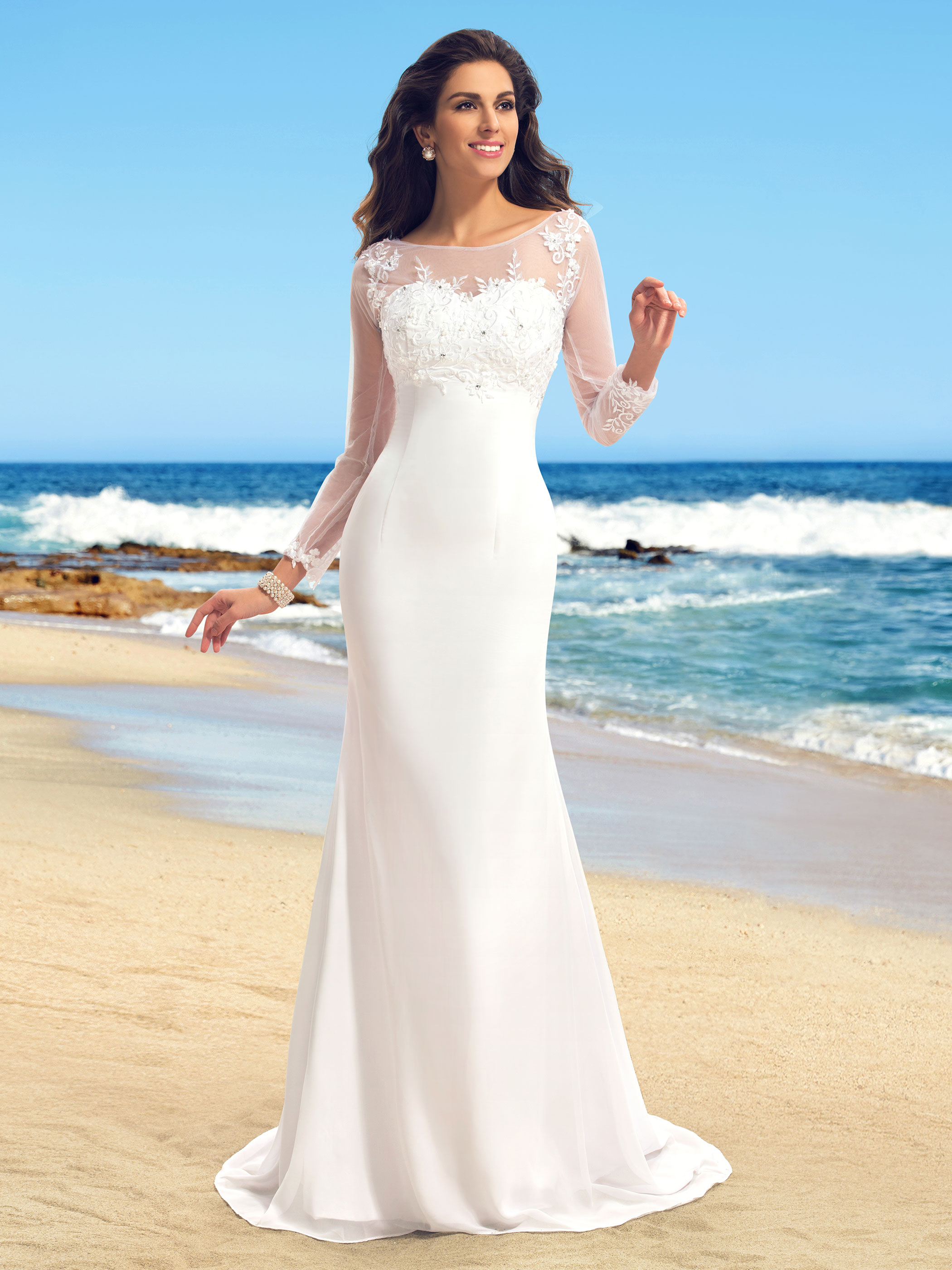 Sequins Appliques Beach Wedding Dress with Long Sleeve