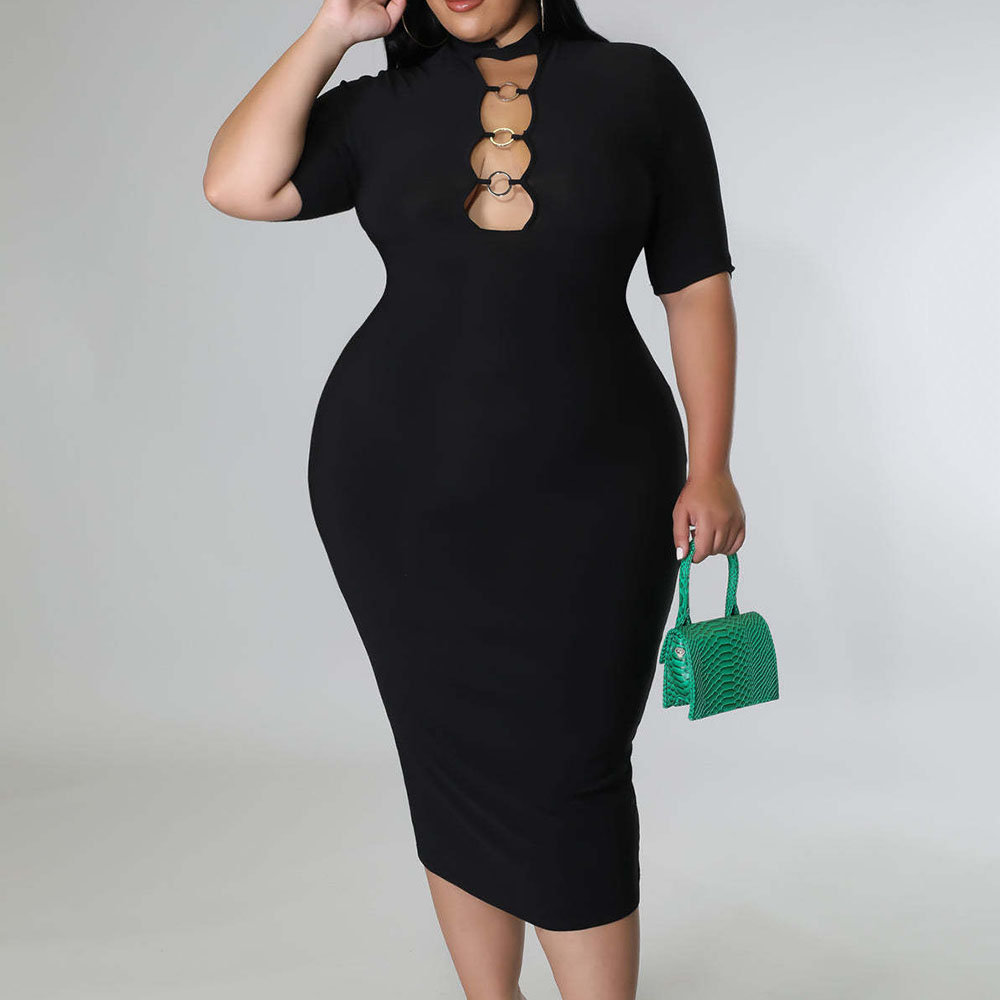 Plus Size Hollow Half Sleeve Stand Collar Mid-Calf Office Lady Women's Dress