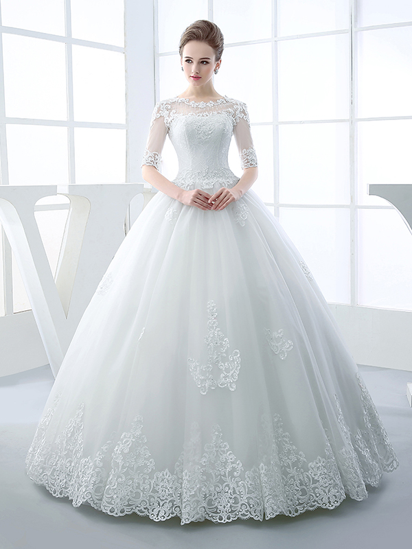 Appliques Beading Half Sleeves Ball Gown Wedding Dress