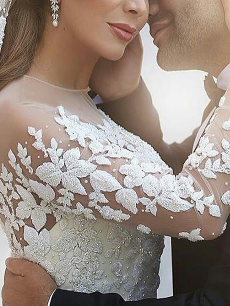 Ball Gown Sheer Neck Long Sleeves Appliques Wedding Dress