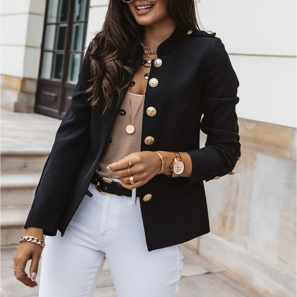 Stand Collar Long Sleeve Single-Breasted Plain Standard Women's Casual Blazer