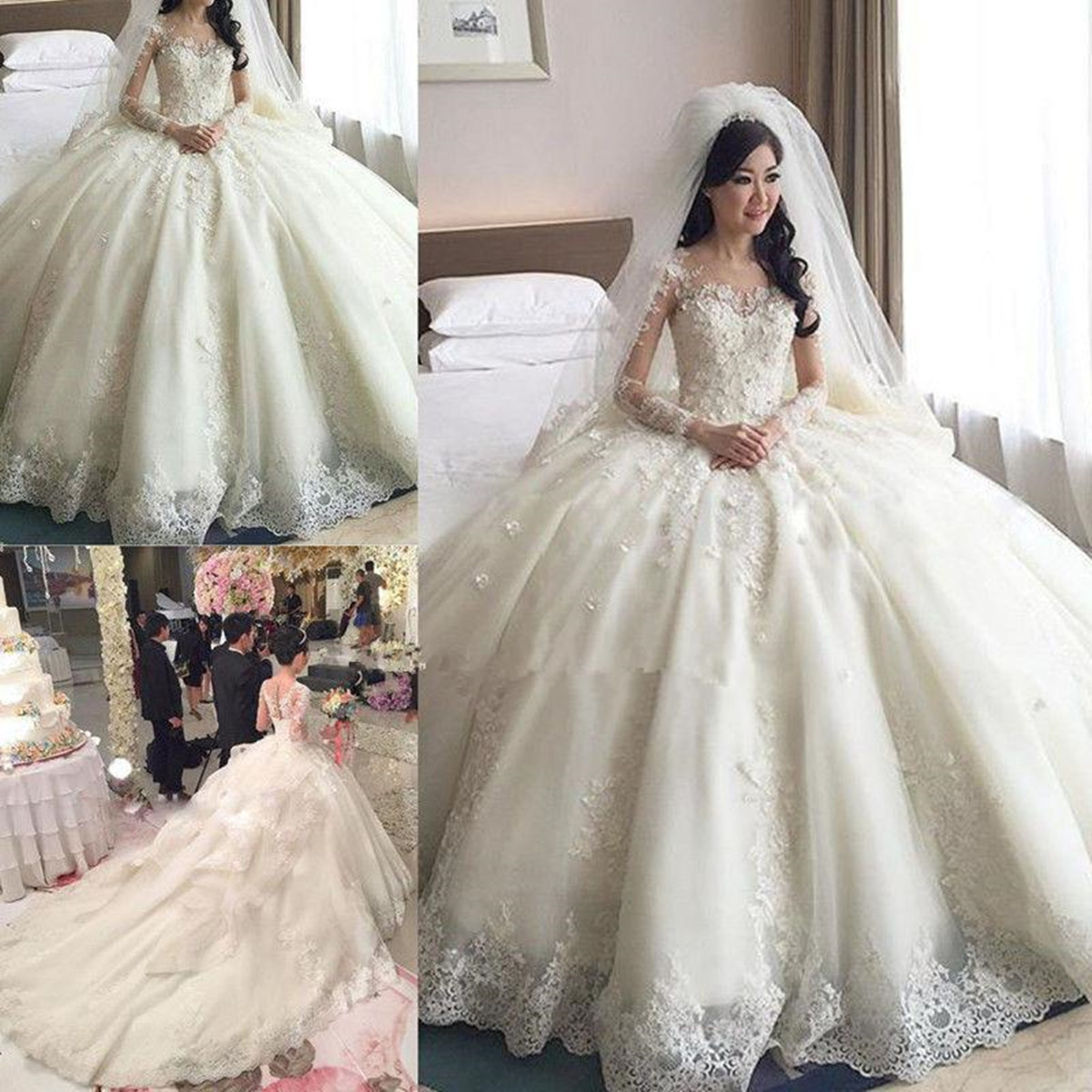 Long Sleeve Appliques Cathedral Train Wedding Dress