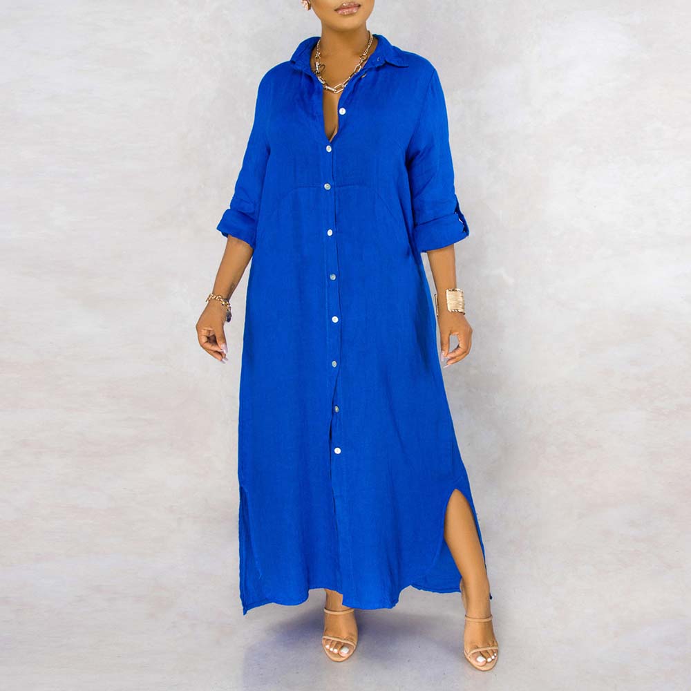 Single-Breasted Long Sleeve Lapel Split Floor-Length Women's Dress-www ...