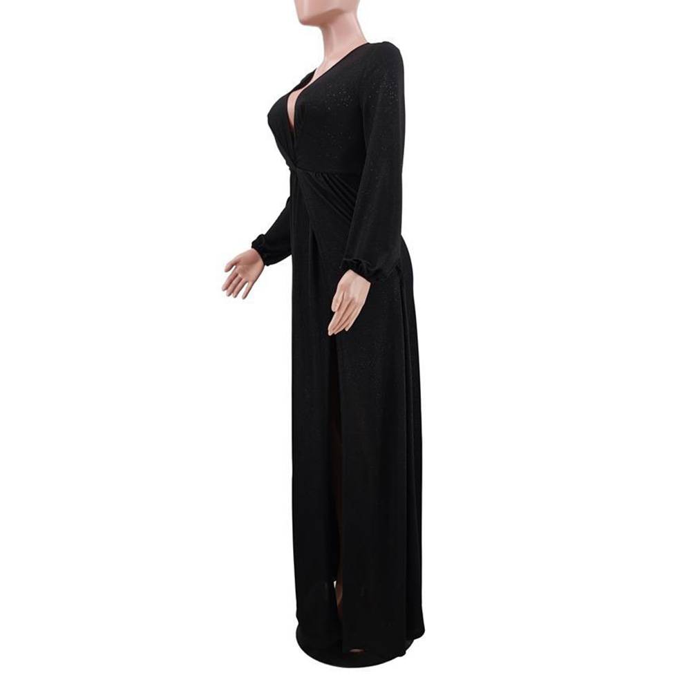 Split V-Neck Floor-Length Long Sleeve Asymmetrical Women's Dress