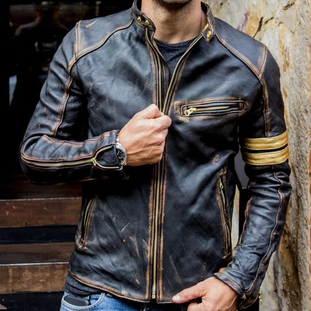 Stand Collar Standard Color Block Slim Men's Leather Jacket