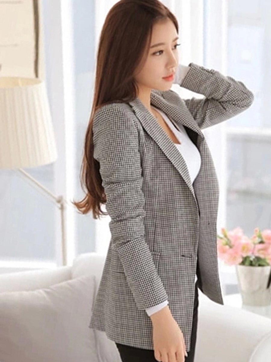 All-Matched Notched Lapel Checkered Women's Blazer