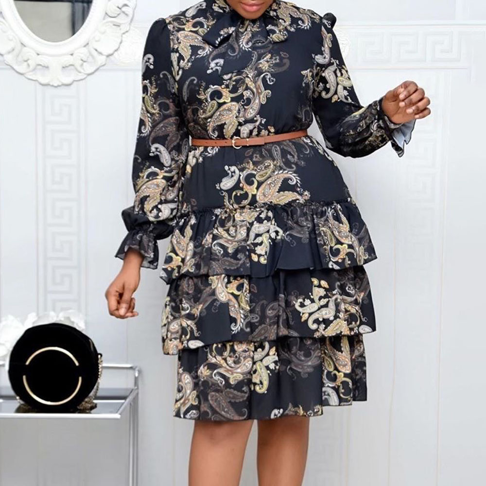 Floral Midi Dress Knee-Length Long Sleeve Falbala Bow Collar Office Lady Women's Dress