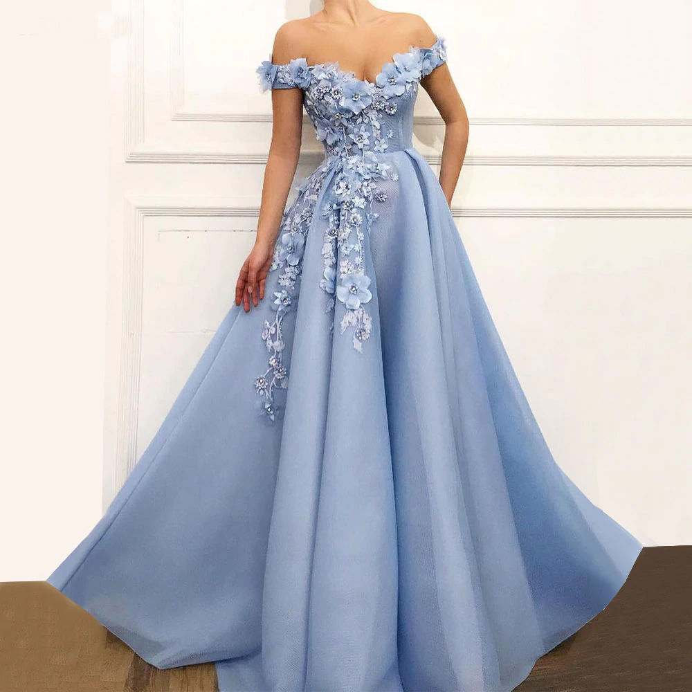 Off-The-Shoulder Short Sleeves 3D Floral Prom Dress