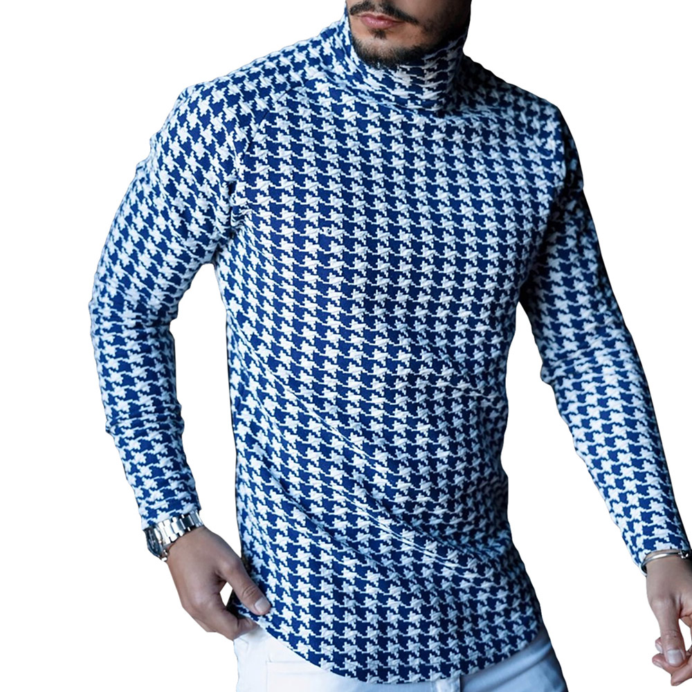 Casual Houndstooth Slim Long Sleeves Fall Men's T-shirt
