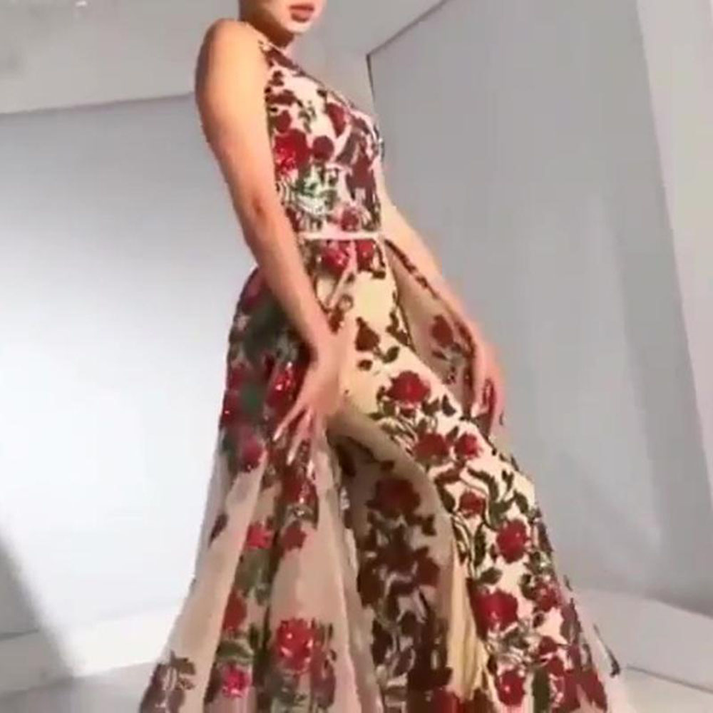 Floral Maxi Dress Round Neck Floor-Length Sleeveless Pullover Women's Dress