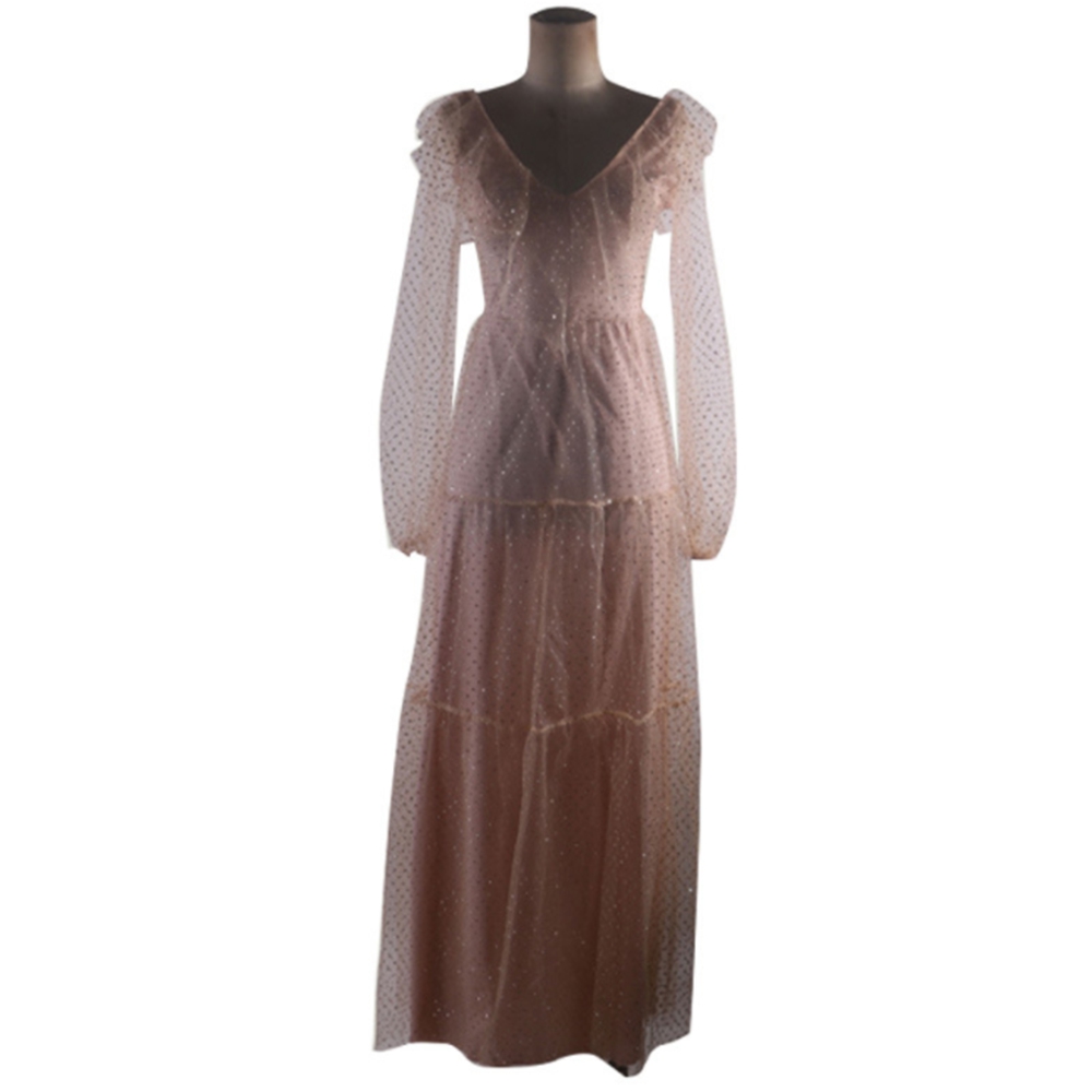 Rose Quartz Dress Floor-Length Patchwork Long Sleeve Sweet Women's Dress