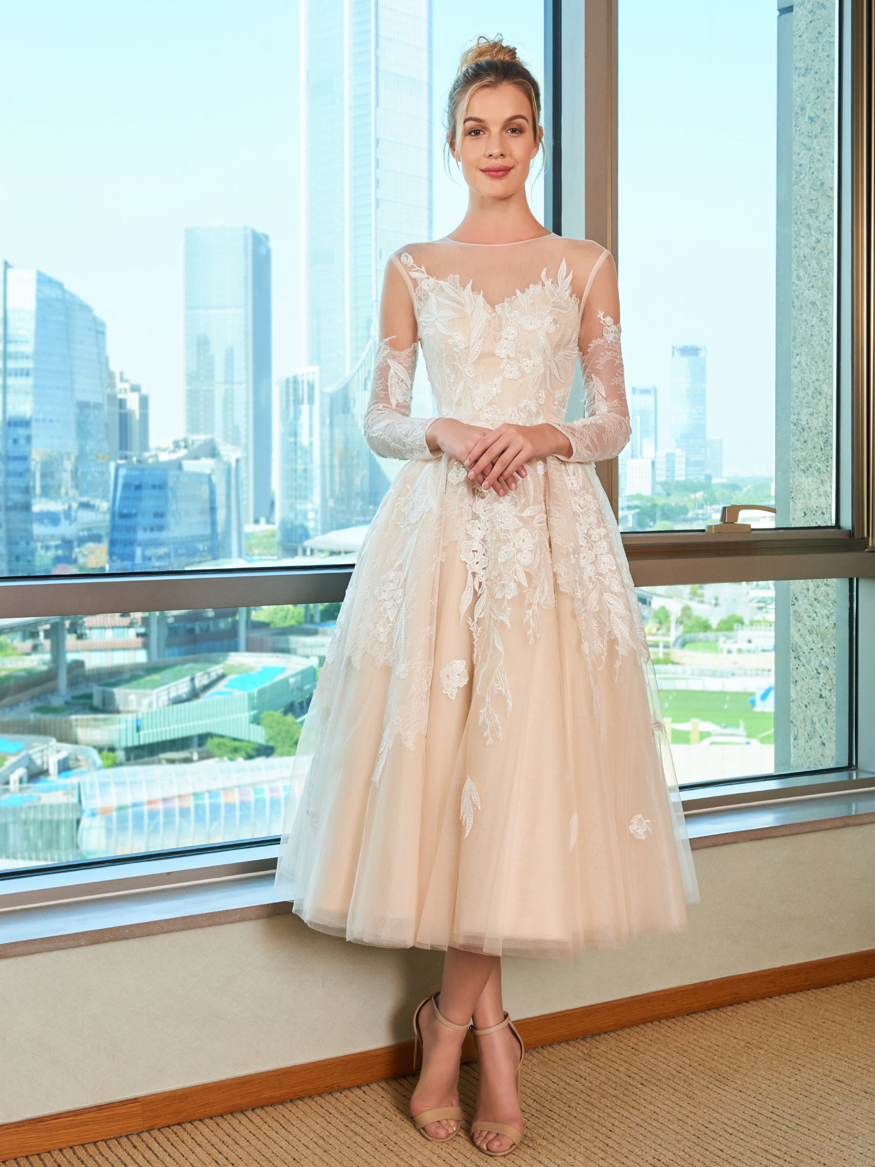 Lace Tea-Length Beach Wedding Dress with Long Sleeve