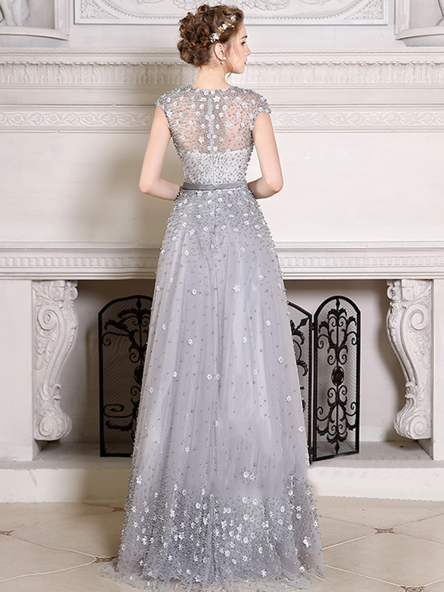 Cap Sleeves Pearls Appliques Evening Dress with Train