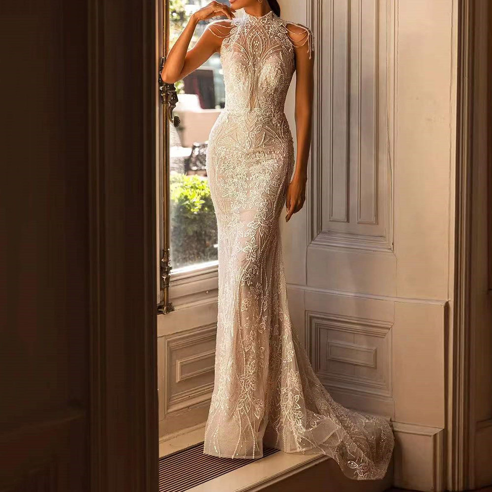 Sleeveless Lace Floor-Length Trumpet Hall Wedding Dress 2022