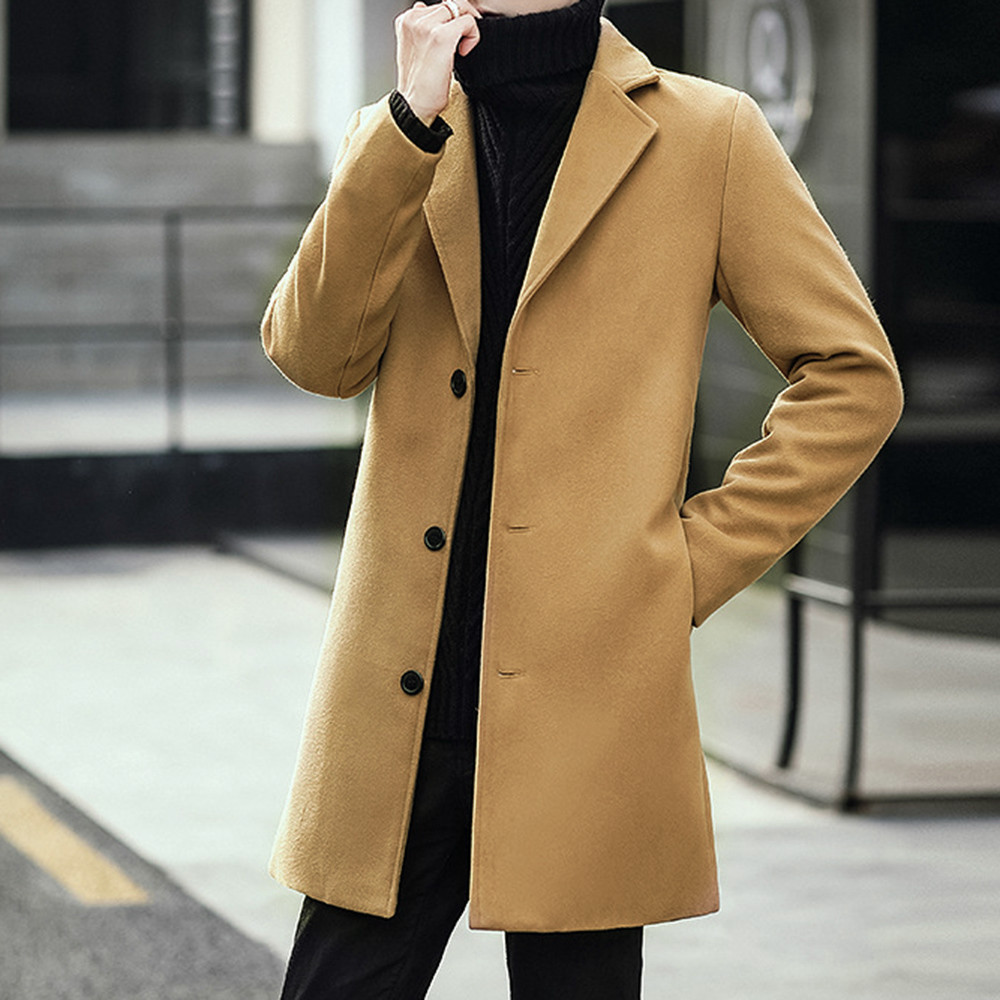 Korean Slim Lapel Mid-Length Plain Men's Coat