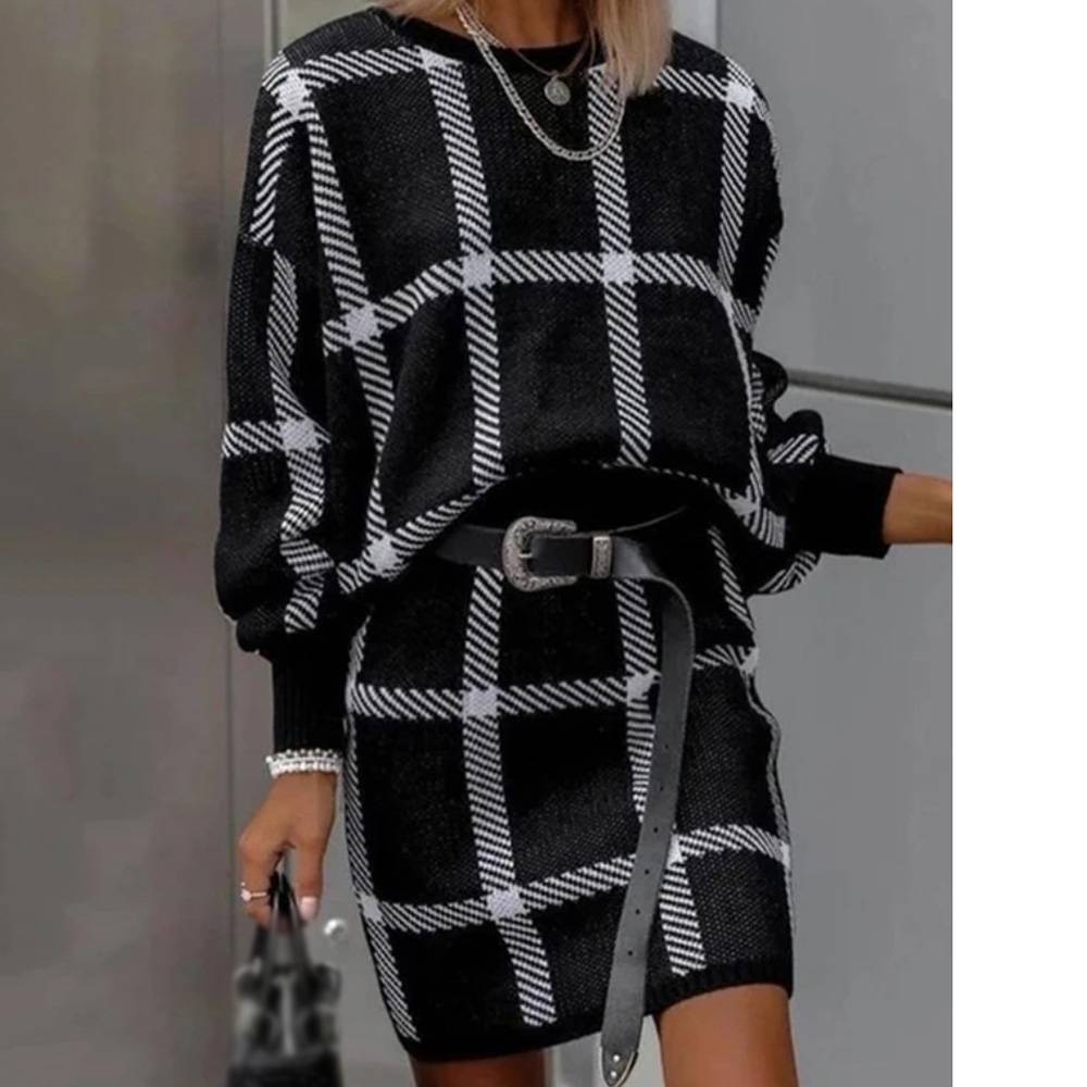 Plus Size Round Neck Long Sleeve Above Knee Plaid Women's Dress