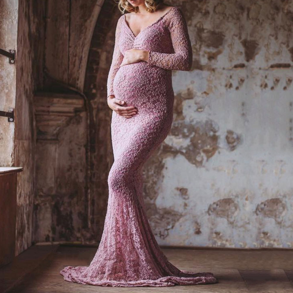 Floor-Length Lace Off Shoulder Long Sleeve Maternity Women's Dress