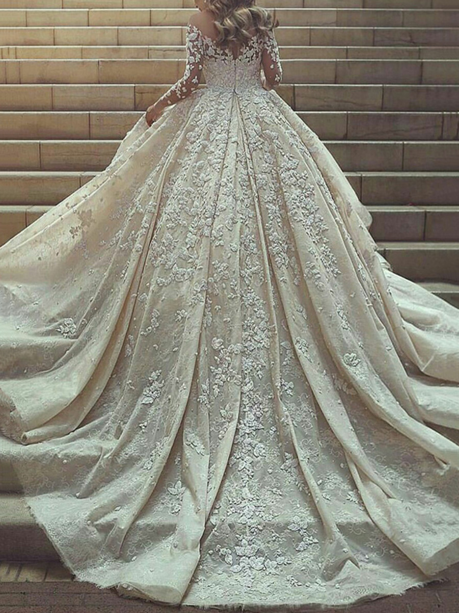 Ball Gown Sheer Neck Long Sleeves Appliques Wedding Dress