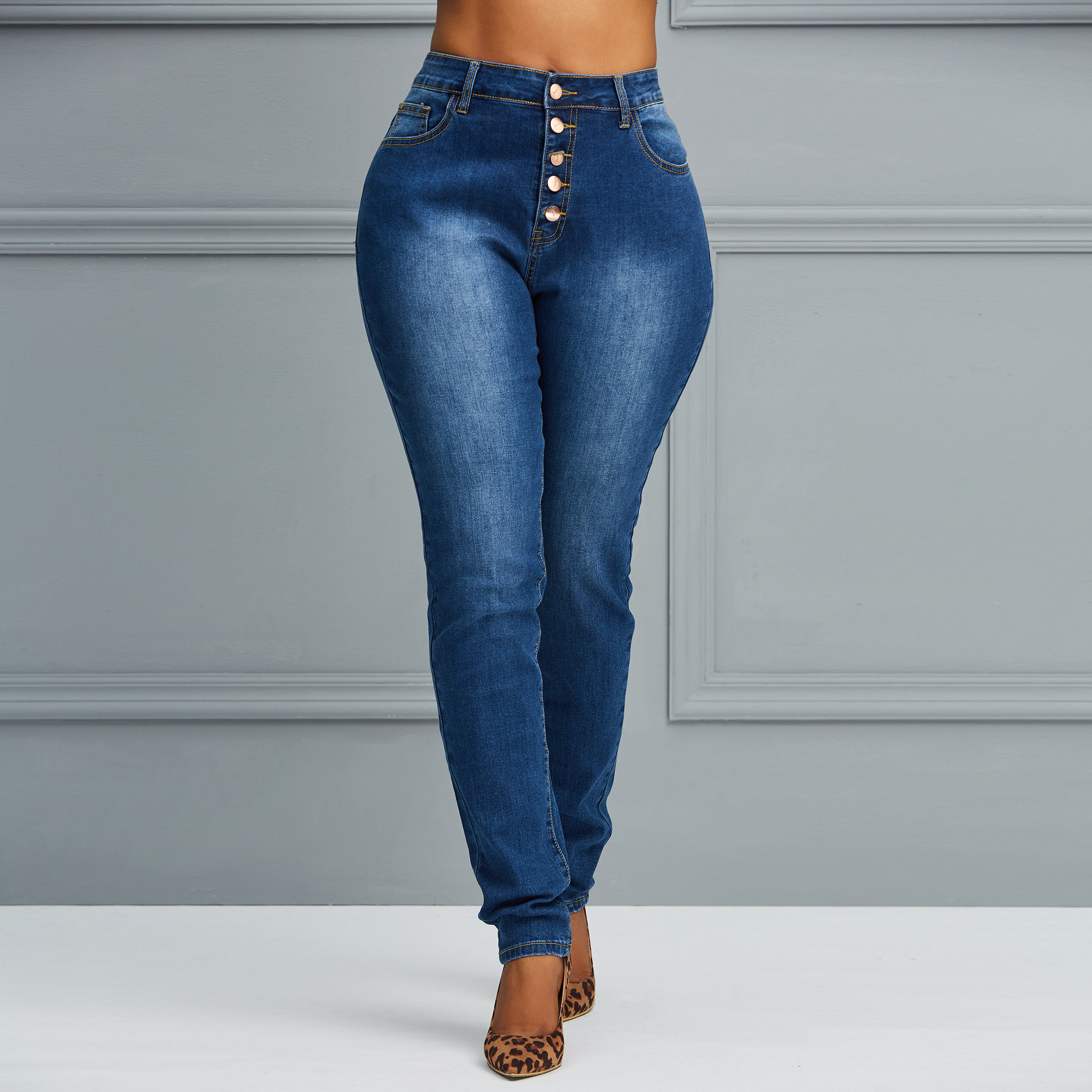 Button Pencil Pants Plain High-Waist Women's Jeans