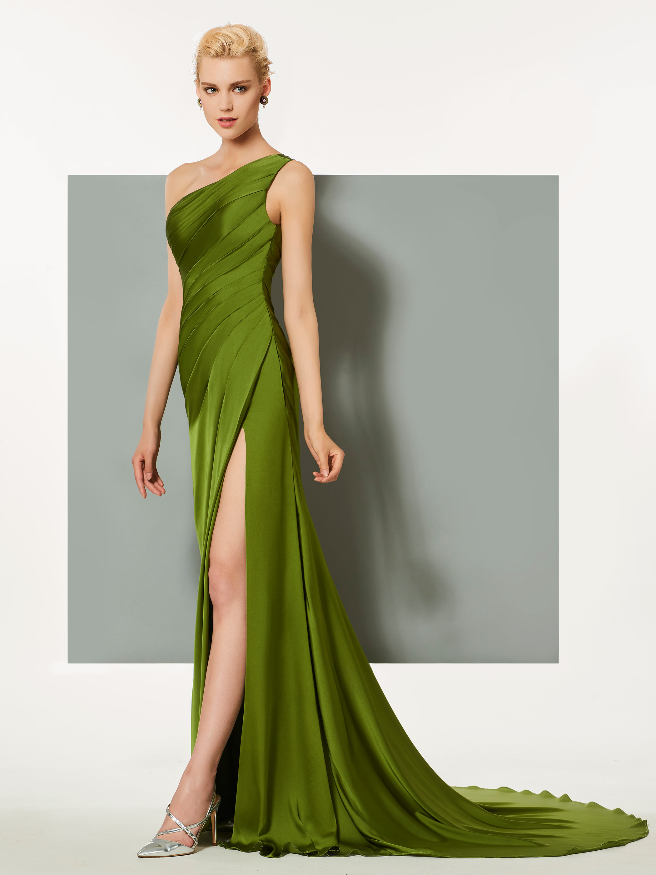 One Shoulder Sleeveless Wedding Guest Dress Split-Front Pleats Green Evening Dress