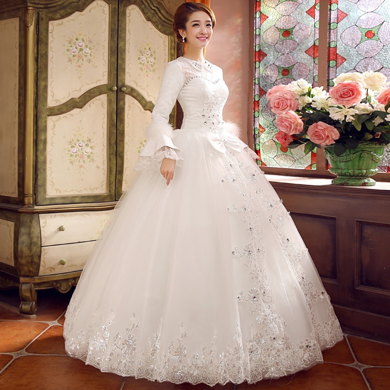 Long Sleeve Beading Lace-Up Vintage Wedding Dress