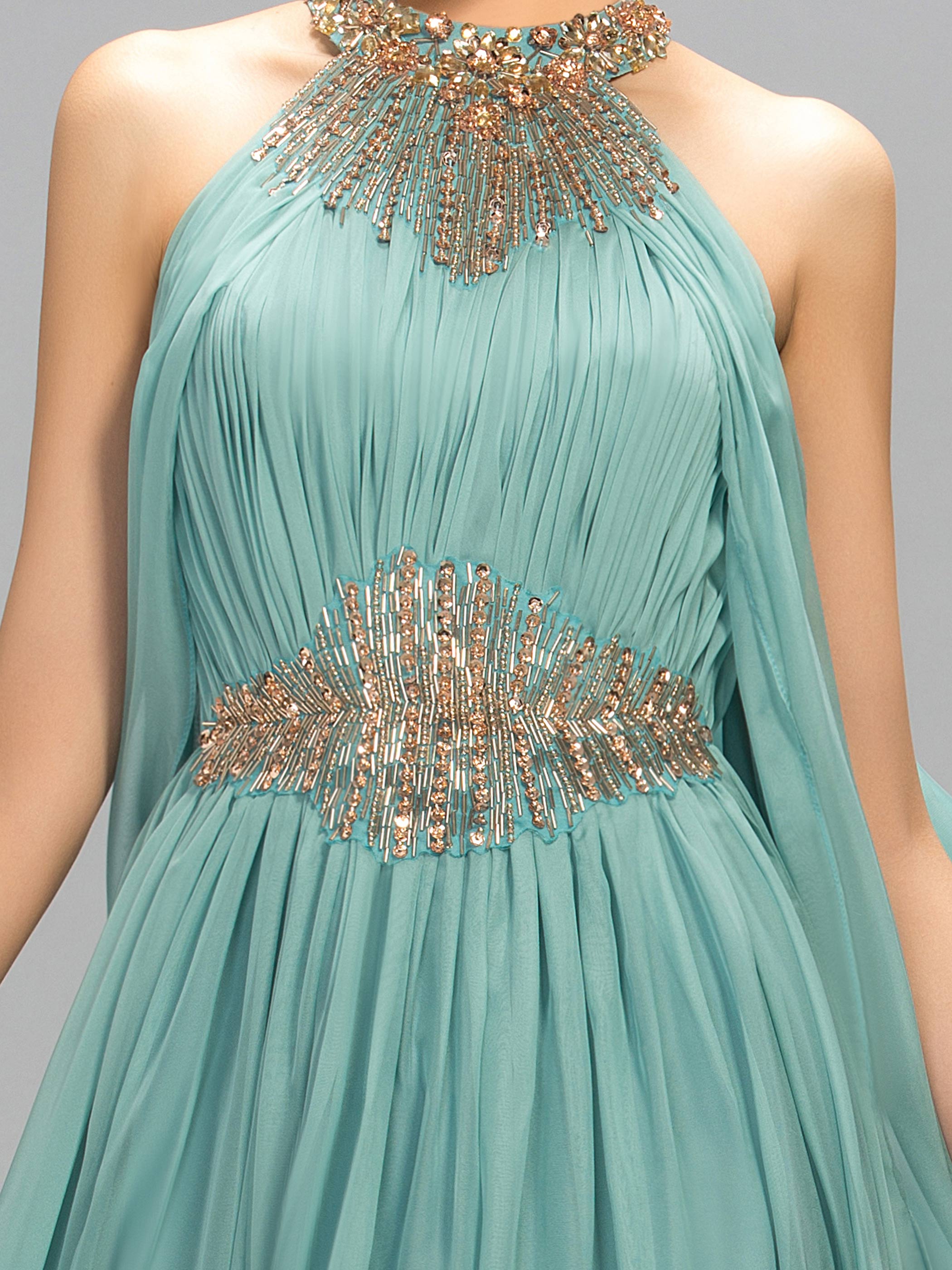 Beaded Halter Neck Ruffles Long Evening Dress