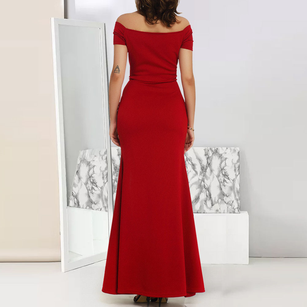 Short Sleeve Floor-Length Split Off Shoulder Bodycon Women's Dress
