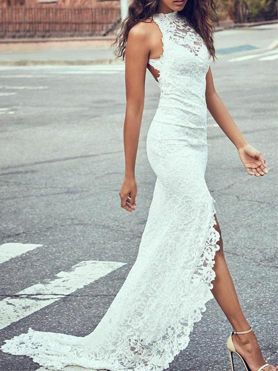 Asymmetry Halter Backless Lace Beach Wedding Dress